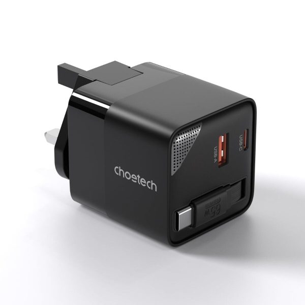 Choetech PD6091 NexGen PD65W GaN Wall Charger with Retractable Cable Black