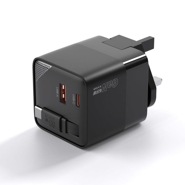 Choetech PD6091 NexGen PD65W GaN Wall Charger with Retractable Cable Black